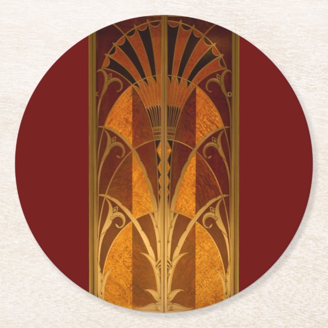 Burgandy and Gold Art Deco Round Paper Coaster (Front)