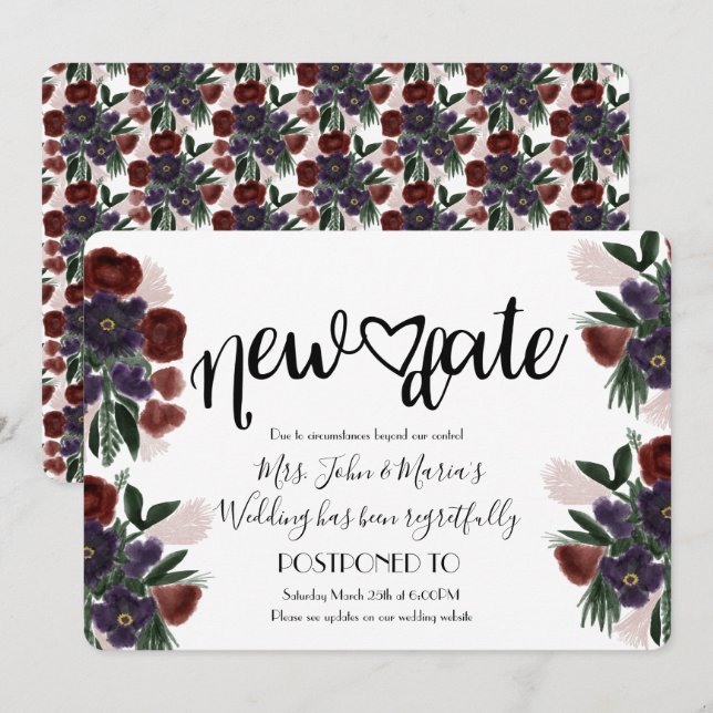 Burgandy Floral  New Date Cancellation Wedding Invitation (Front/Back)