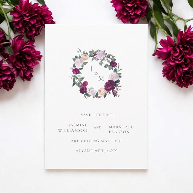 Burgandy florals elegant save the date  invitation (elegant wedding save the date in burgandy monogram florals )