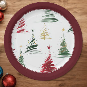 Burgandy Minimalist Modern Christmas Tree Paper Plate