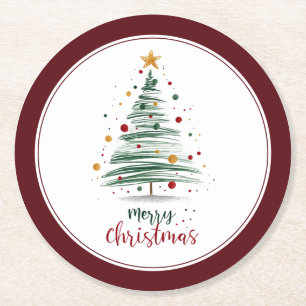 Burgandy Modern Christmas Tree Round Paper Coaster