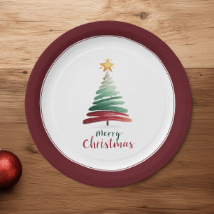 Burgandy Modern Minimalist Christmas Tree Paper Plate