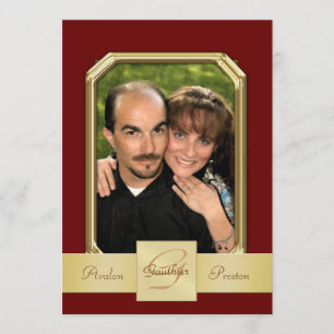 Burgandy Modern Photo Frame Gold Ribbon Invitation