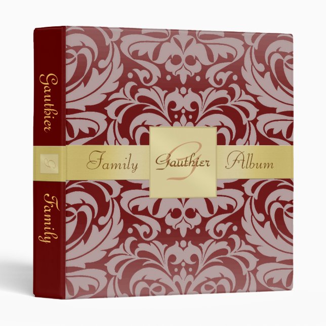 Burgandy Red Damask Gold Ribbon Family Binder (Front/Spine)