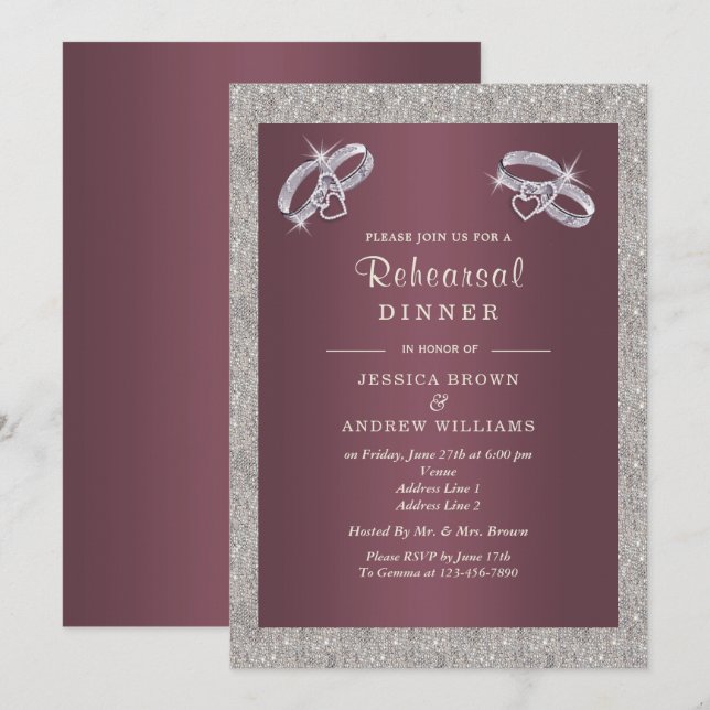 Burgandy, Sparkly Silver Rings Rehearsal Dinner Invitation (Front/Back)
