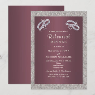 Burgandy, Sparkly Silver Rings Rehearsal Dinner Invitation