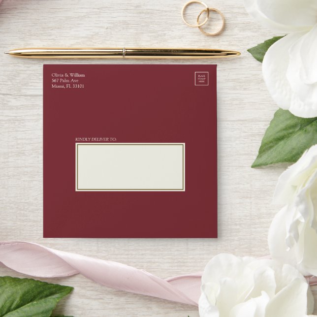 Burgandy Square Ivory Address Panel Envelope (Wedding)