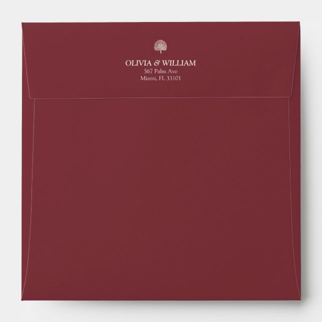 Burgandy Tropical Palm Square Wedding Envelope (Back (Top Flap))