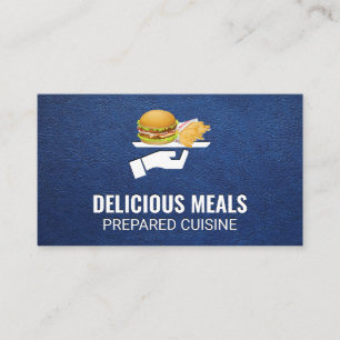 Burger and Fries Served   Blue Leather Background Business Card