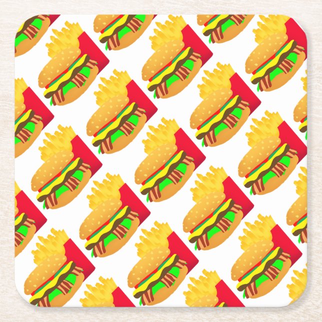 Burger and Fries Square Paper Coaster (Front)