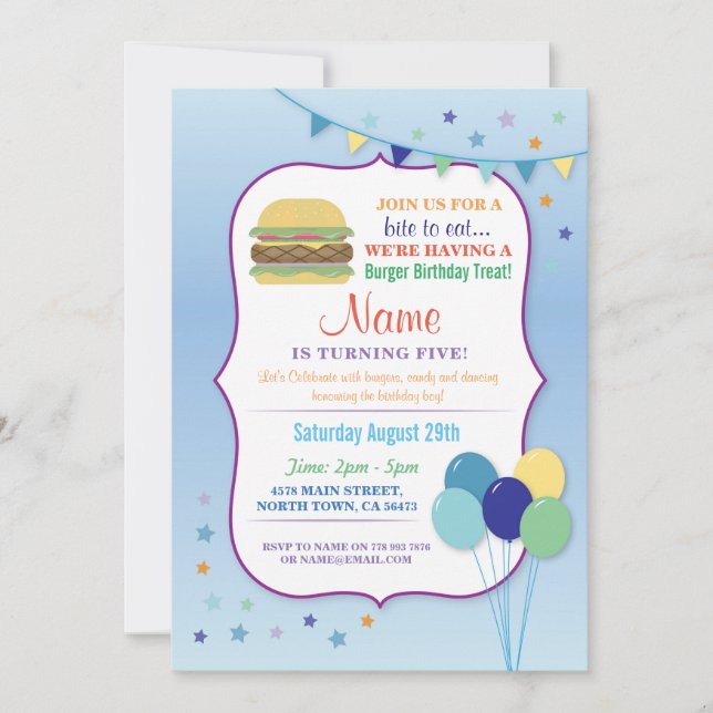 Burger Birthday Party Blue Balloon Birthday Invite (Front)