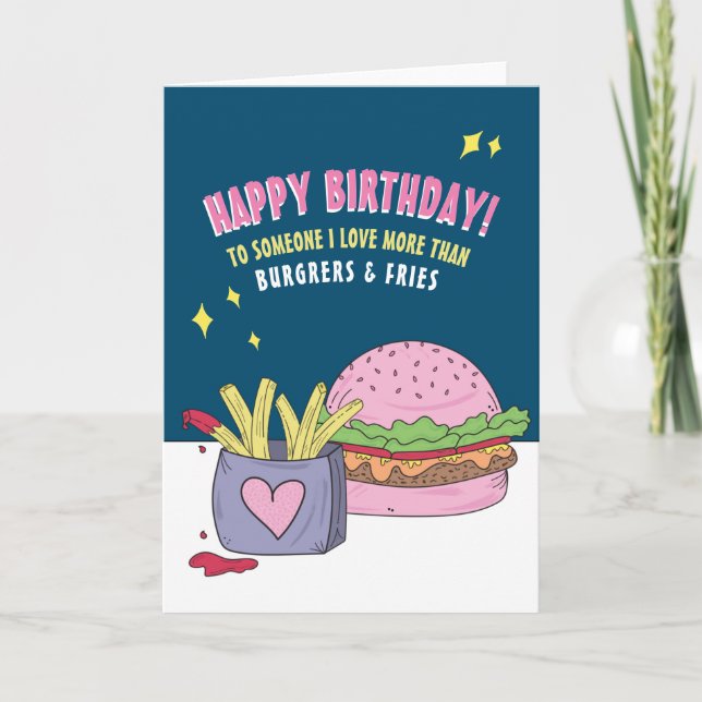 Burger rose amusant et Fries Bonne carte d'anniver (Devant)