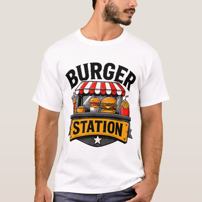 🍔 Burger Station Creative Restaurant Crew Uniform T-Shirt (Front)