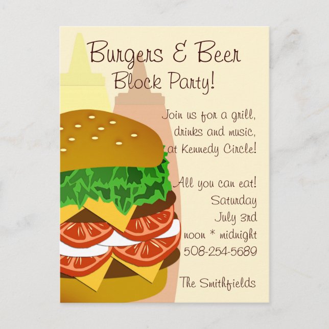 Burgers and Beer, Block Party Invitation Postcard (Front)
