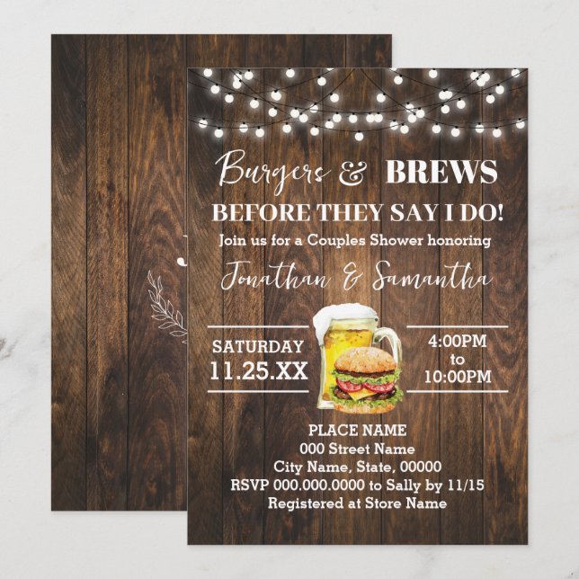 Burgers & Brews Before I Do Western Couples Shower Invitation (Front/Back)