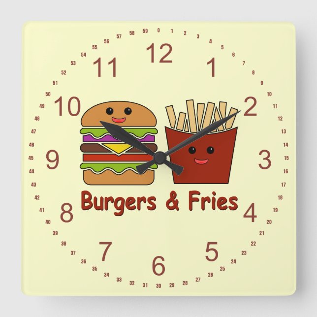Burgers & Fries Square Wall Clock (Front)