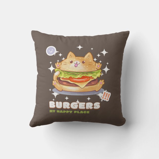 Burgers My Happy Place Throw Pillow (Back)