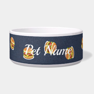 Burgers on blue denim pattern dog bowl