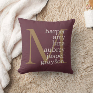 Burgindy Gold Monogram Names  Throw Pillow