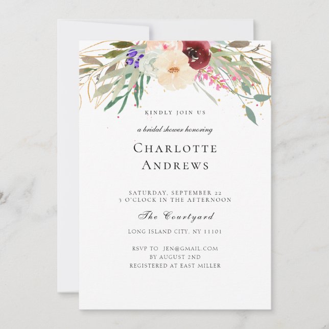 Burgund, Blush, Green Flower Bridal Shower Invitation (Front)