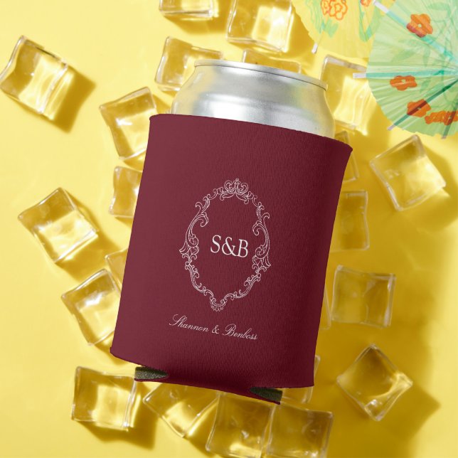 Burgundry elegant monogram wedding can cooler (In Situ Summer)