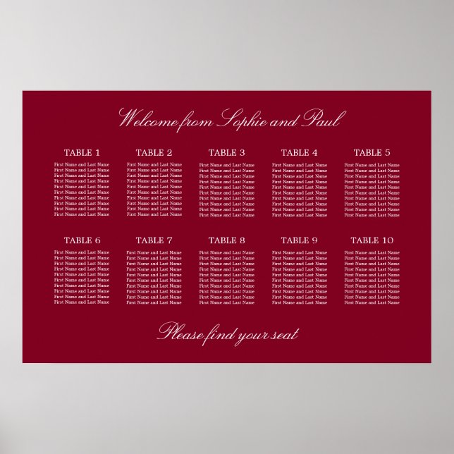 Burgundy 10 Table Wedding Seating Chart Poster (Front)
