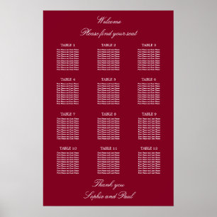 Burgundy 12 Table Wedding Seating Chart Poster