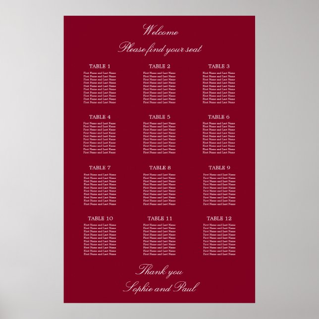 Burgundy 12 Table Wedding Seating Chart Poster (Front)