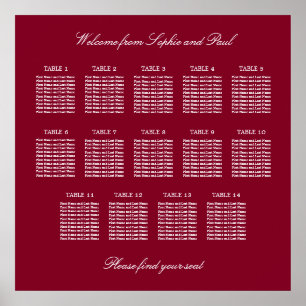 Burgundy 14 Table Wedding Seating Chart Poster