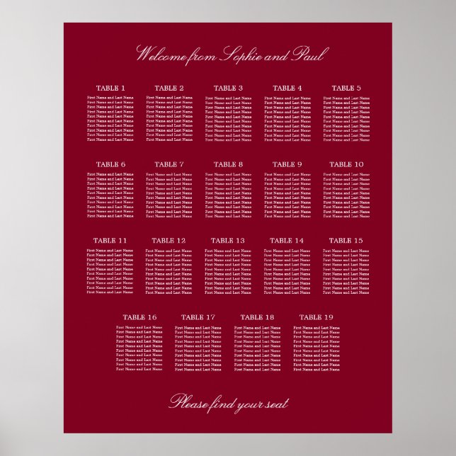 Burgundy 19 Table Wedding Seating Chart Poster (Front)