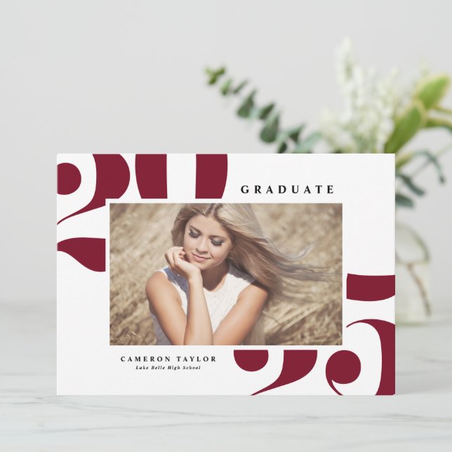 Burgundy 2025 Bold Typography Photo Graduation Invitation (Standing Front)
