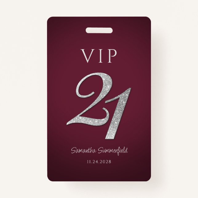 Burgundy 21st Birthday Silver Glitter VIP Badge (Front)