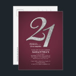 Burgundy 21st Birthday Sliver Glitter Daughter Invitation Postcard<br><div class="desc">Create your own modern burgundy 21st birthday surprise with your party details on burgundy background and popular fonts you can easily change by clicking the "Personalize" button</div>