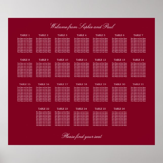 Burgundy 26 Table Wedding Seating Chart Poster (Front)