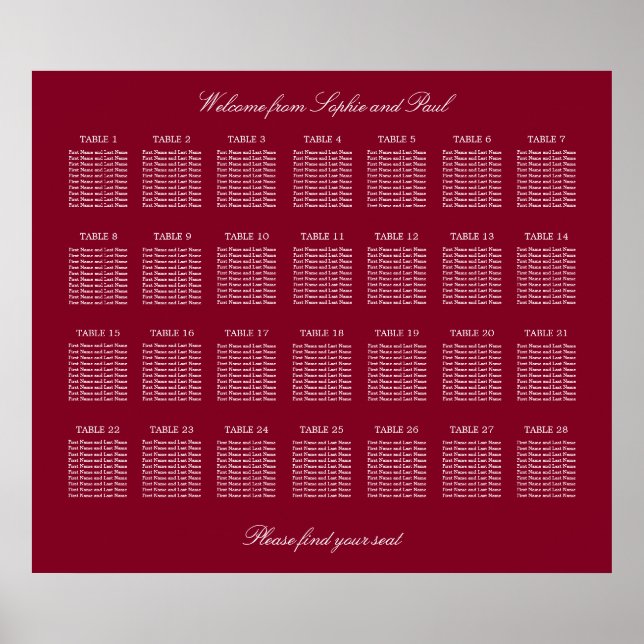 Burgundy 28 Table Wedding Seating Chart Poster (Front)
