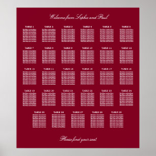 Burgundy 29 Table Wedding Seating Chart Poster