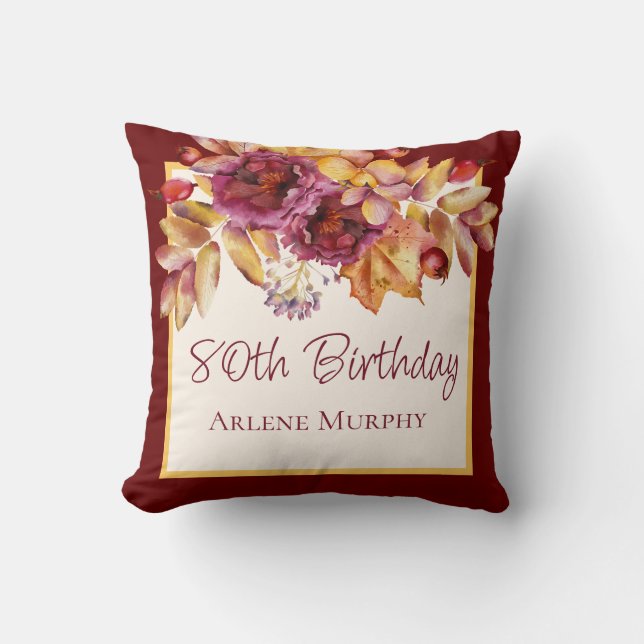 Burgundy 2 Sun Yellow Autumn Rose 80th Birthday Throw Pillow (Front)
