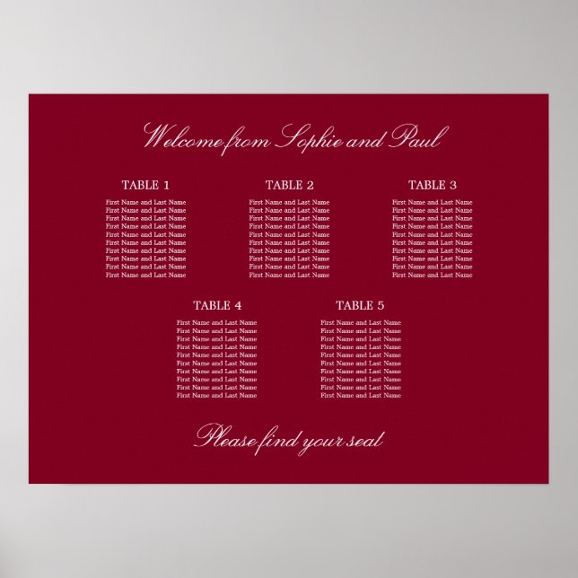 Burgundy 5 Table Wedding Seating Chart Poster (Front)