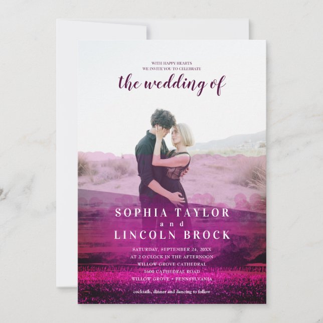 Burgundy abstract overlay photo wedding invitation (Front)