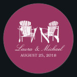 Burgundy Adirondack Chairs | Wedding Classic Round Sticker<br><div class="desc">FROM THE ADIRONDACK WEDDING COLLECTION: This sticker be used for your wedding candy buffet table for favour boxes, or bags, travelling guest goodie bags and much more! Two White Adirondack chairs with a BURGUNDY ROSE colour background perfect for any beach side or summer wedding. If you have any questions on...</div>