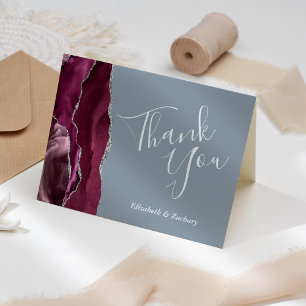 Burgundy Agate Dusty Blue Wedding Thank You Card