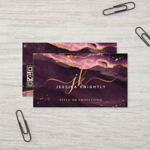 Burgundy Agate Geode Monogram Gold Script Business Card