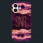 Burgundy Agate Geode Monogram Name Gold Glitter iPhone 16 Case<br><div class="desc">Elegant, stylish personalized cell phone case featuring burgundy magenta agate, geode and marble with faux gold glitter with a monogram, initials or name shown in an editable modern font style in gold. PHONE OPTIONS: The sample is shown on an iPhone 16 Barely There case style--other phone models and case styles...</div>