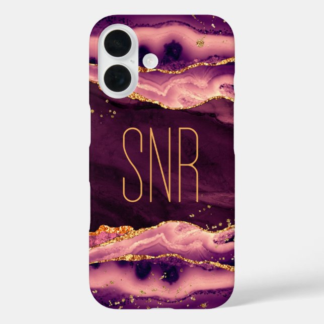 Burgundy Agate Geode Monogram Name Gold Glitter Case-Mate iPhone Case (Back)