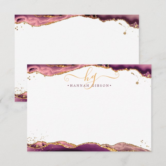 Burgundy Agate Geode Monogram Script Gold Glitter Card (Front/Back)