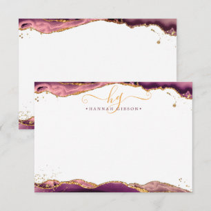 Burgundy Agate Geode Monogram Script Gold Glitter Card