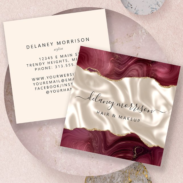 Burgundy Agate Gold Glitter Ivory Luxury Square Business Card (Creator Uploaded)