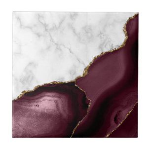 Burgundy Agate Gold Glitter White Marble Tile