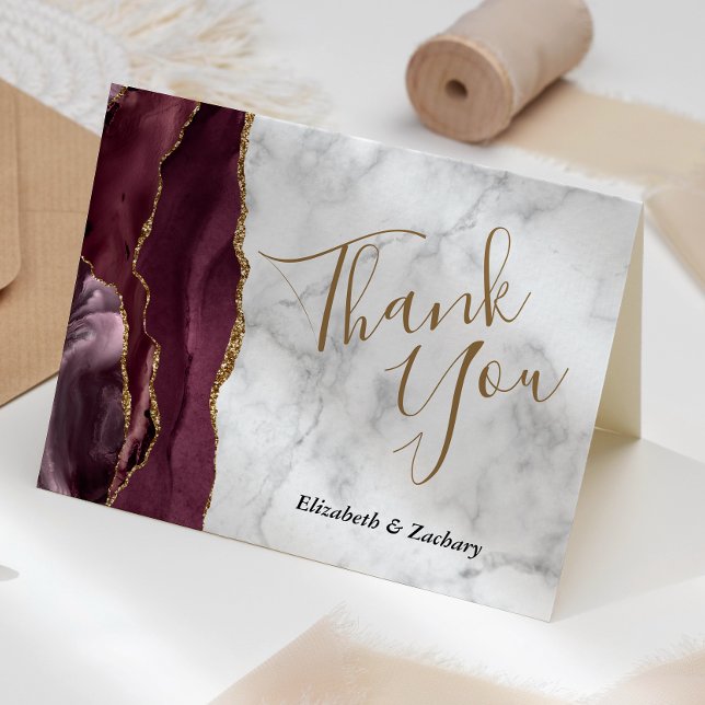 Burgundy Agate Gold Grey Marble Wedding Thank You Card (Creator Uploaded)
