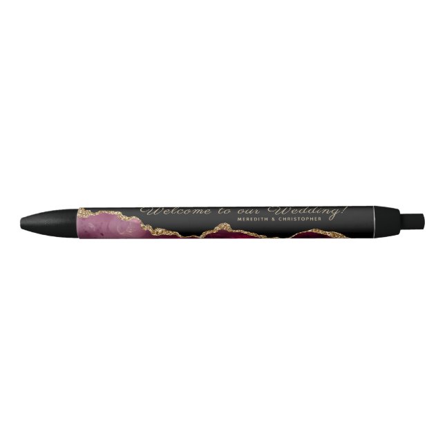 Burgundy Agate Gold Wedding Welcome Black Ink Pen (Front)